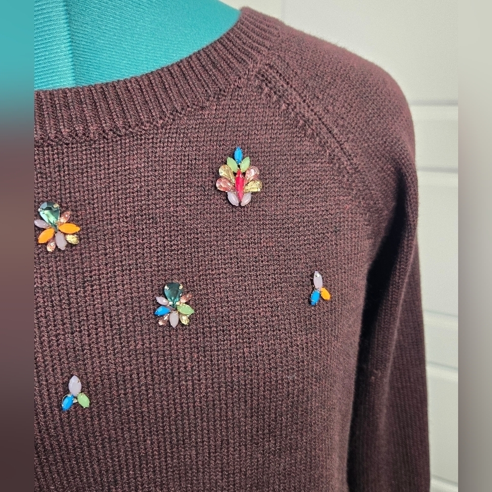 LOFT ANN TAYLOR PLUM PURPLE BEJEWELED SWEATER LONG SLEEVE WOMEN MEDIUM SPARKLE - Picture 3 of 12